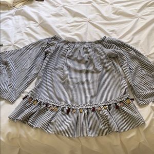 White and gray striped off the shoulder blouse